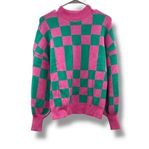 ZESICA Checkerboard Knit Sweater‎ Women’s Size Small Pink Green Pullover Long